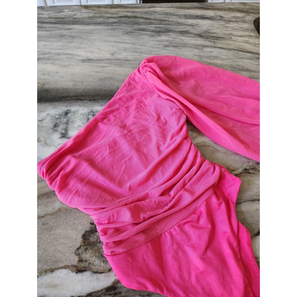 Hello Molly Pink One Shoulder Ruched Mesh Puff Sleeve Bodysuit US 6 M - Picture 3 of 7